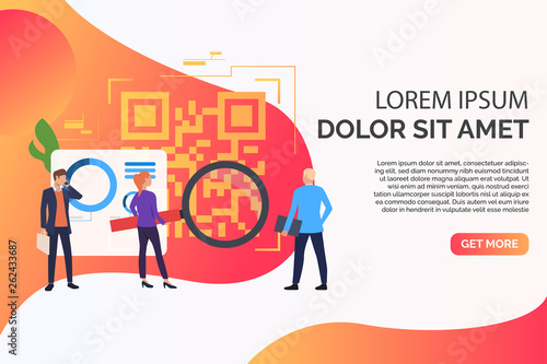 Business people working, big QR code and sample text