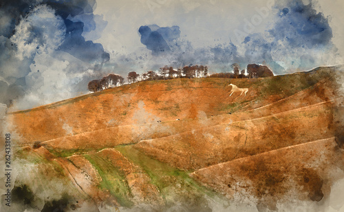 Watercolour painting of Ancient chalk white horse in landscape at Cherhill Wiltshire England during Autumn evening photo