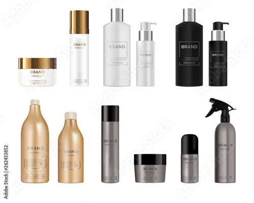 Round white, black, gold, grey and silver plastic bottle set with dispenser for  liquid soap, lotion, shampoo, shower gel, lotion, body milk.  Realistic packaging mockup template. Side view.  Vector i