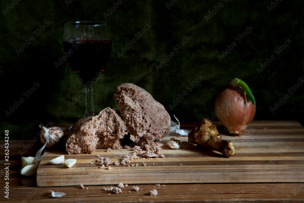 autumn still life with bread and wine