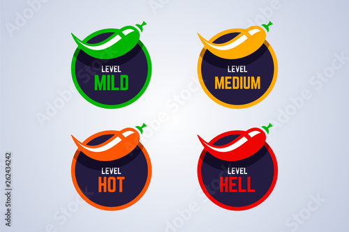 Red hot chili peppers strength indicator. Mild, medium, hot and hell spice level. Vector illustration.