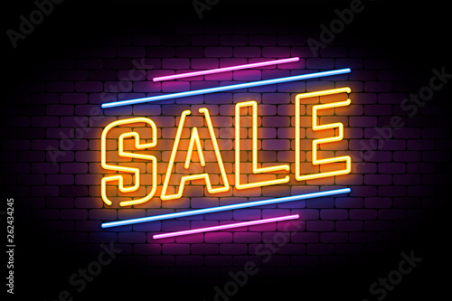 Neon sign in retro style for sale and discount. Vector illustration for product promotions and offers.