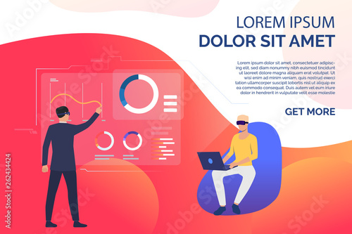 People working and wearing virtual reality glasses, sample text