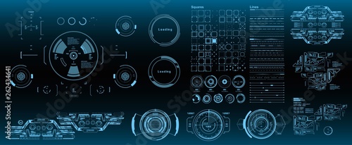 HUD elements mega set pack. Dashboard blue display virtual reality technology screen. Futuristic blue user interface.