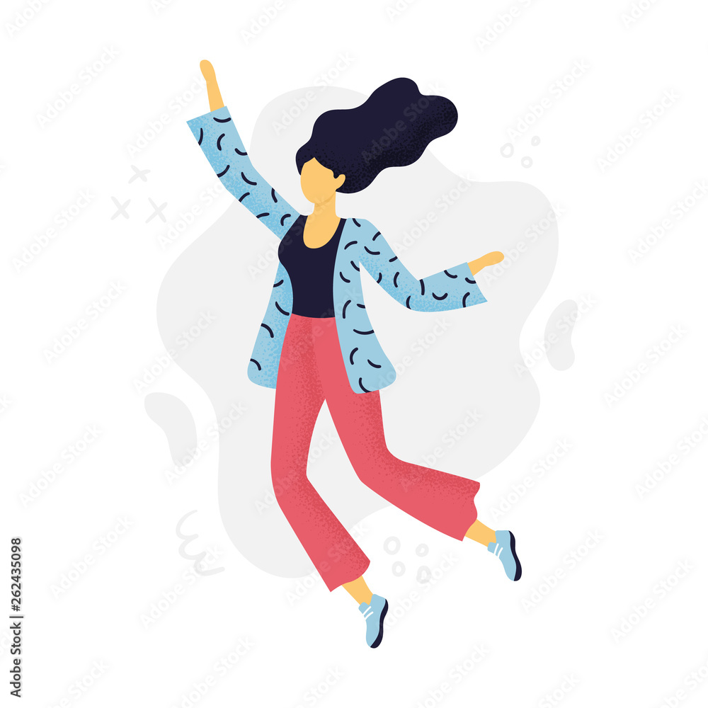 Lovely Woman jumping with joy. Abstract fashion girl in flat design. Can be used for invitations, banner, postcard, websites or ads.