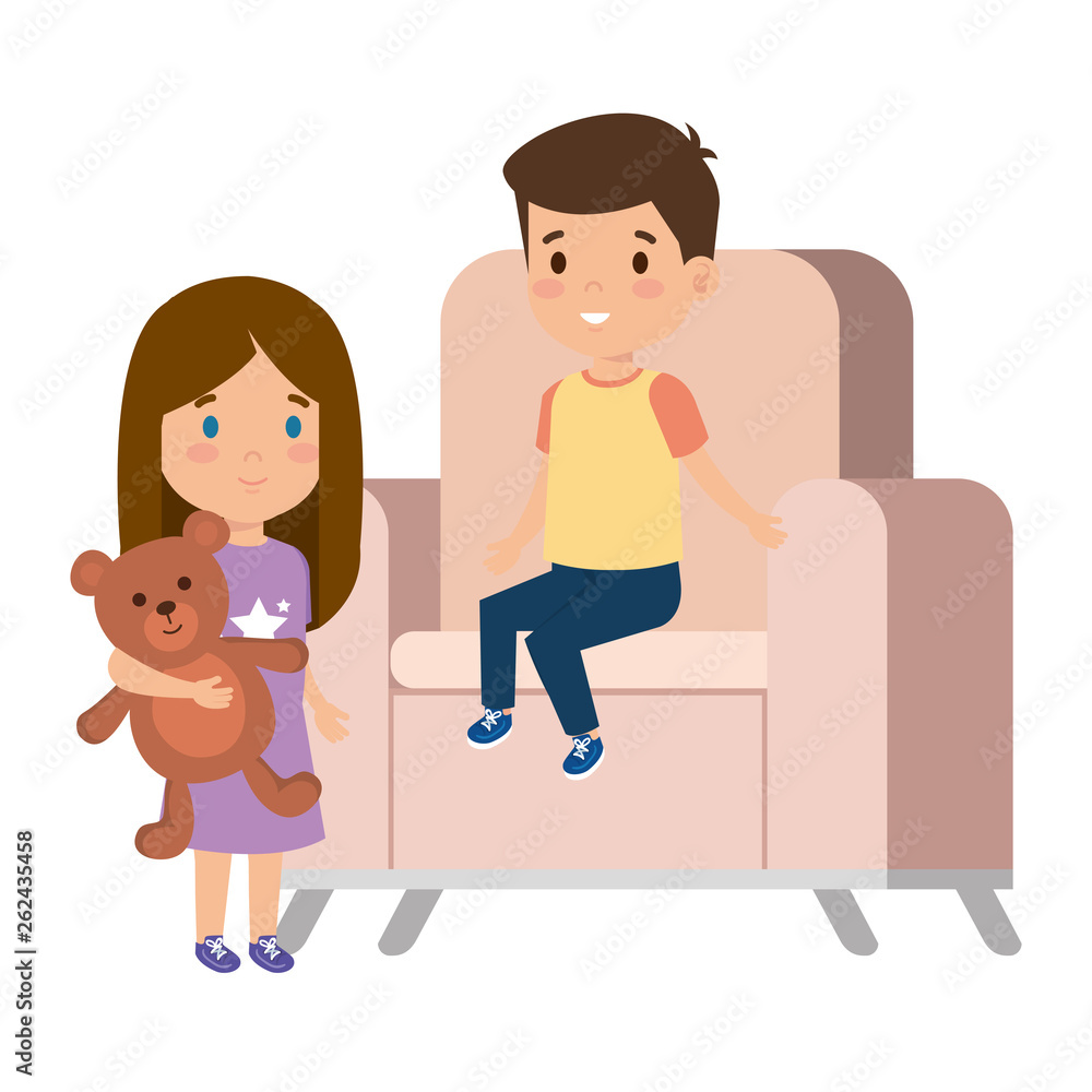 little kids couple sitting in sofa with bear teddy little kids couple sitting in sofa with bear teddy