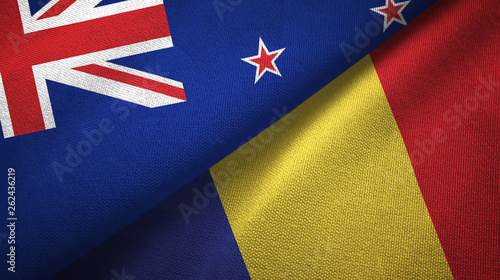 New Zealand and Romania two flags textile cloth, fabric texture