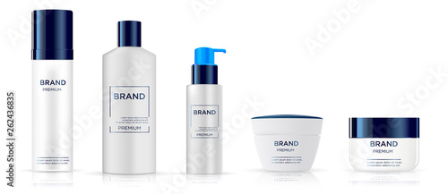 Round white, blue and silver plastic bottle set with dispenser for  liquid soap, lotion, shampoo, shower gel, lotion, body milk.  Realistic packaging mockup template. Side view. With gold and silver l