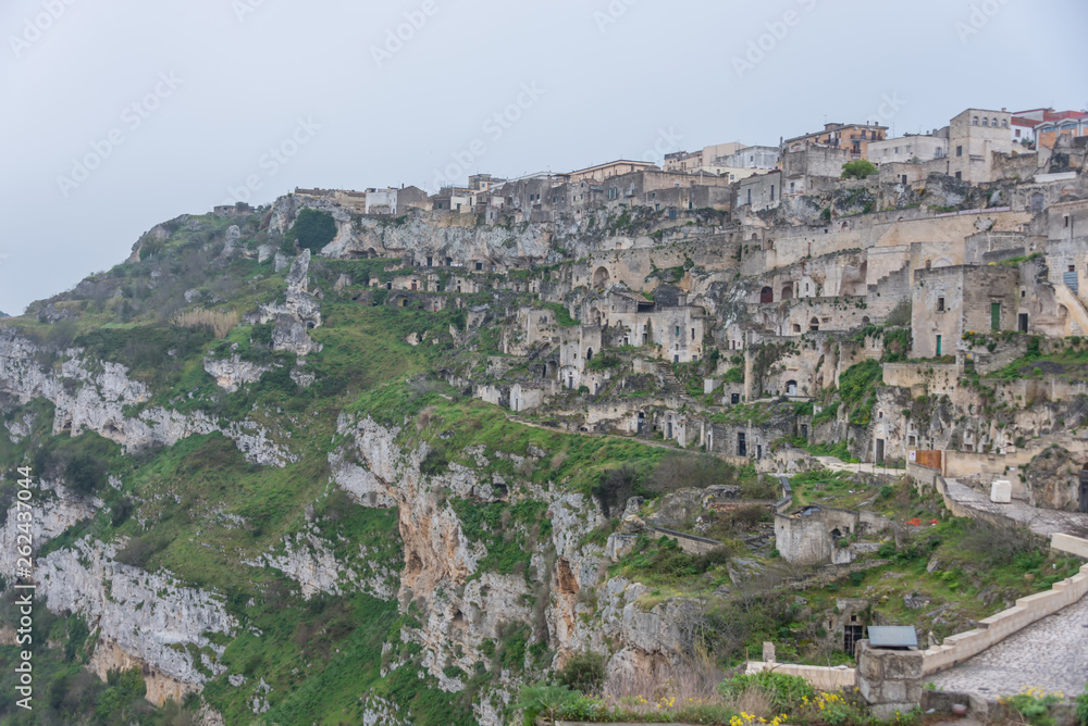 Caves in a Mountain at The Ancient City of Matera, Italy