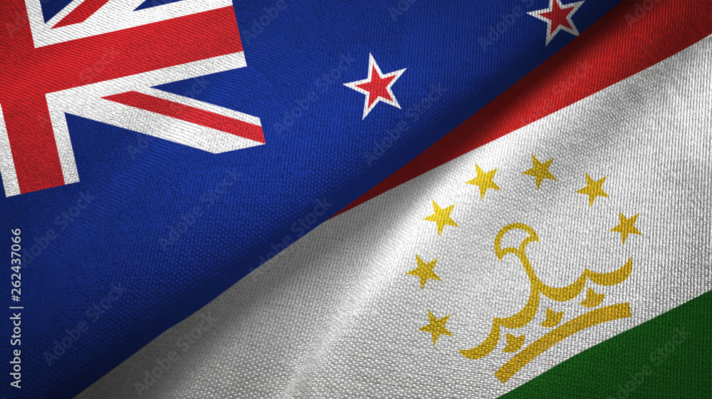 New Zealand and Tajikistan two flags textile cloth, fabric texture
