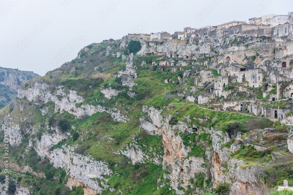 Caves in a Mountain at The Ancient City of Matera, Italy