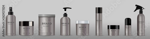Blank cosmetic package metal mockup isolated on grey background set.  Metal tube for foam hear styling, hair spray, deodorant, creme.  Mock up vector illustration. Black and silver cap.