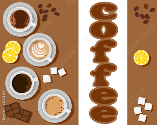 Set of coffee in cups with lemon, chocolate and sugar.