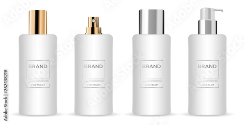 Round white gold, grey and silver plastic bottle set with dispenser for  liquid soap, lotion, shampoo, shower gel, lotion, body milk.  Realistic packaging mockup template. Side view. With gold and sil