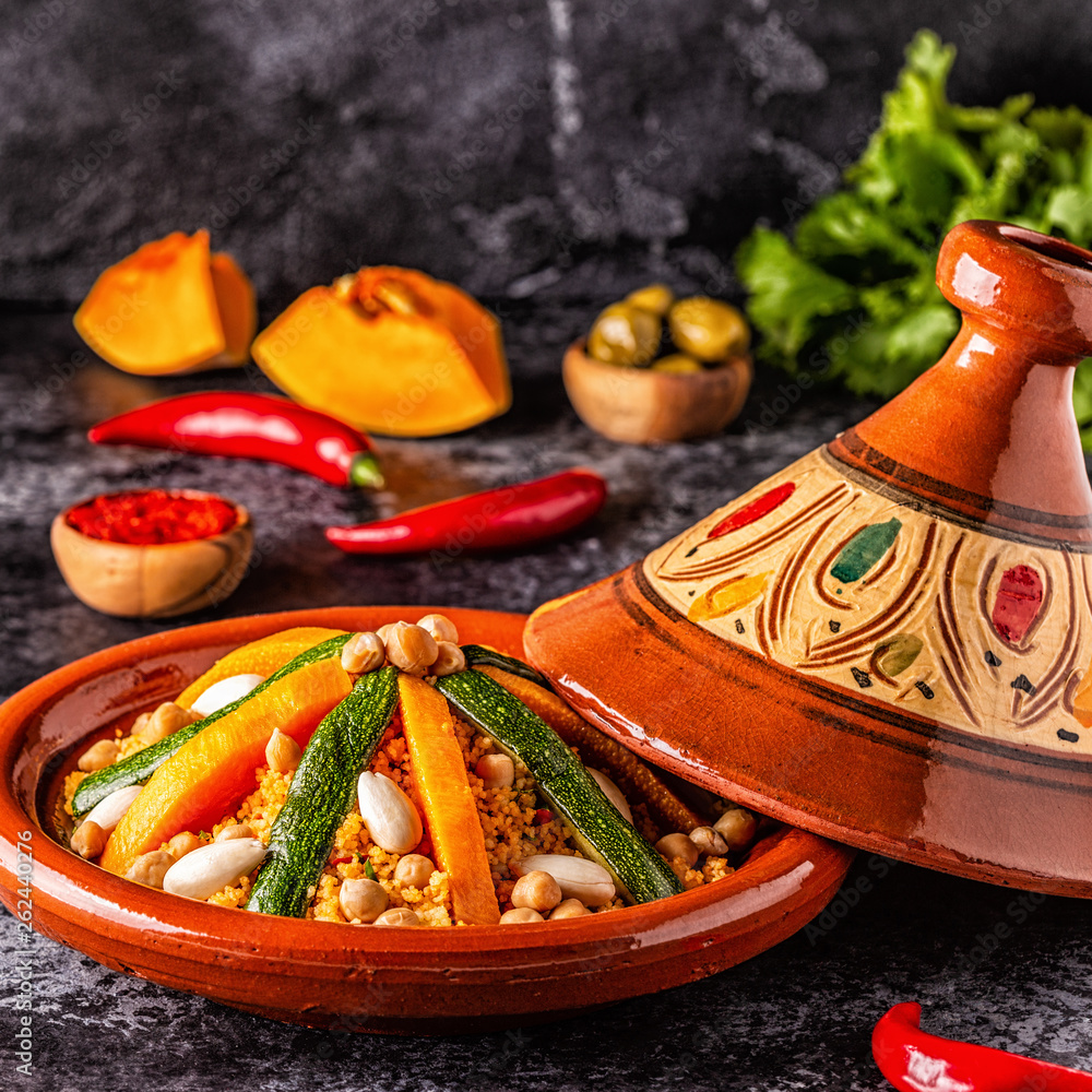 Vegetable tagine with almond and chickpea couscous.