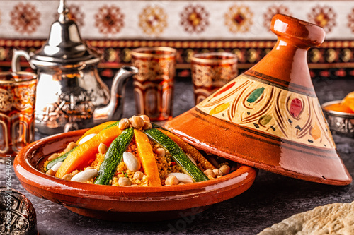 Vegetable tagine with almond and chickpea couscous.