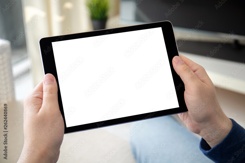 man hands holding computer tablet with isolated screen in room man hands holding computer tablet with isolated screen in room