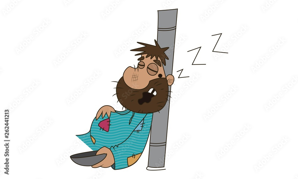 Vector cartoon illustration of cute beggar sleeping. Isolated on white  background. Stock Vector | Adobe Stock