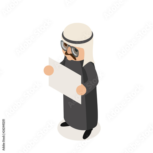 Blank paper sheet promotion arab businessman traditional national ethnic muslim clothes isometric isolated character flat design vector illustration
