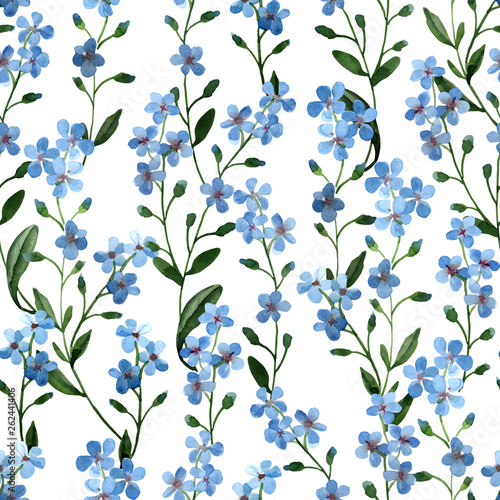 Watercolor illustration. Seamless pattern of gentle blue flowers with green leaves on white