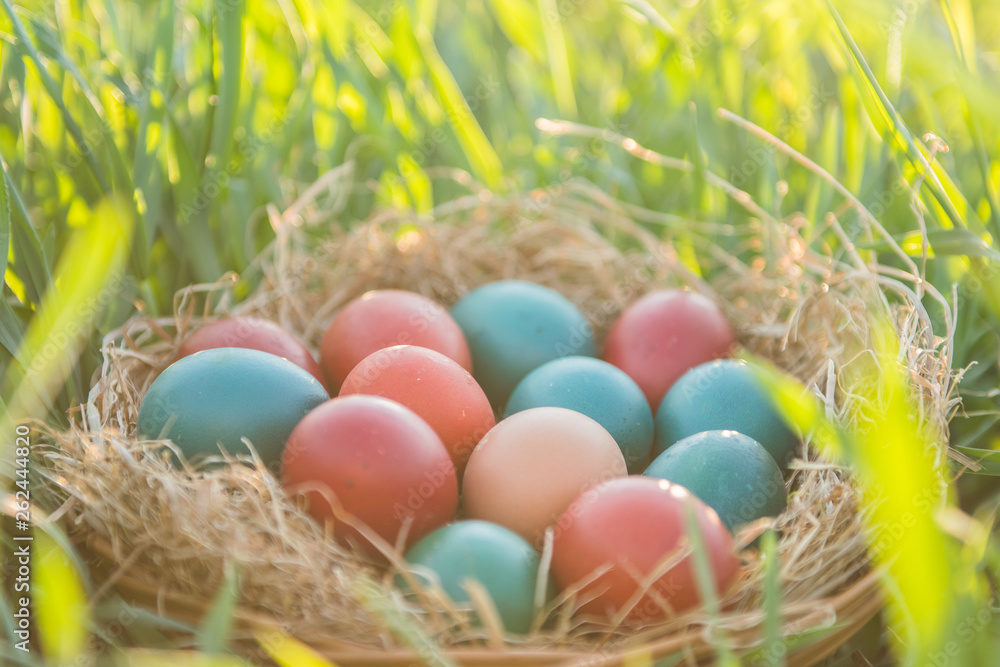 basket with painted colorful easter eggs basket with painted colorful easter eggs