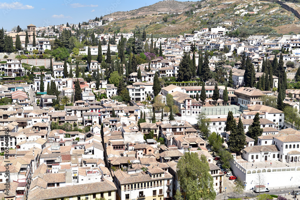 Aerial view of the city of Granada, Albaycin , viewed from the Alhambra palace in Granada, Spain