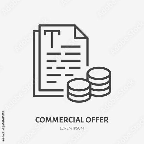 Commercial offer flat line icon. Price list, illustration of paper pages with money. Thin sign of writing cost, copywriter logo