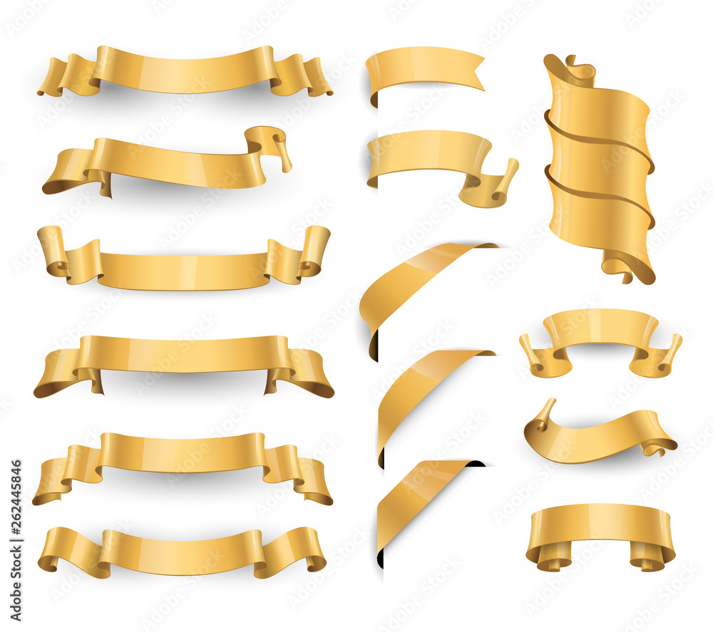 Realistic Gold Glossy vector ribbons. Large set. vector