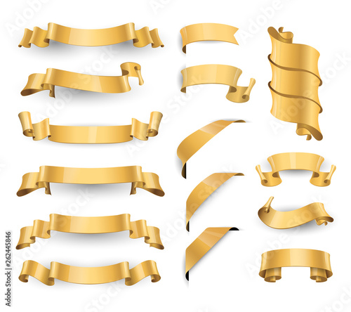 Realistic Gold Glossy vector ribbons. Large set. vector