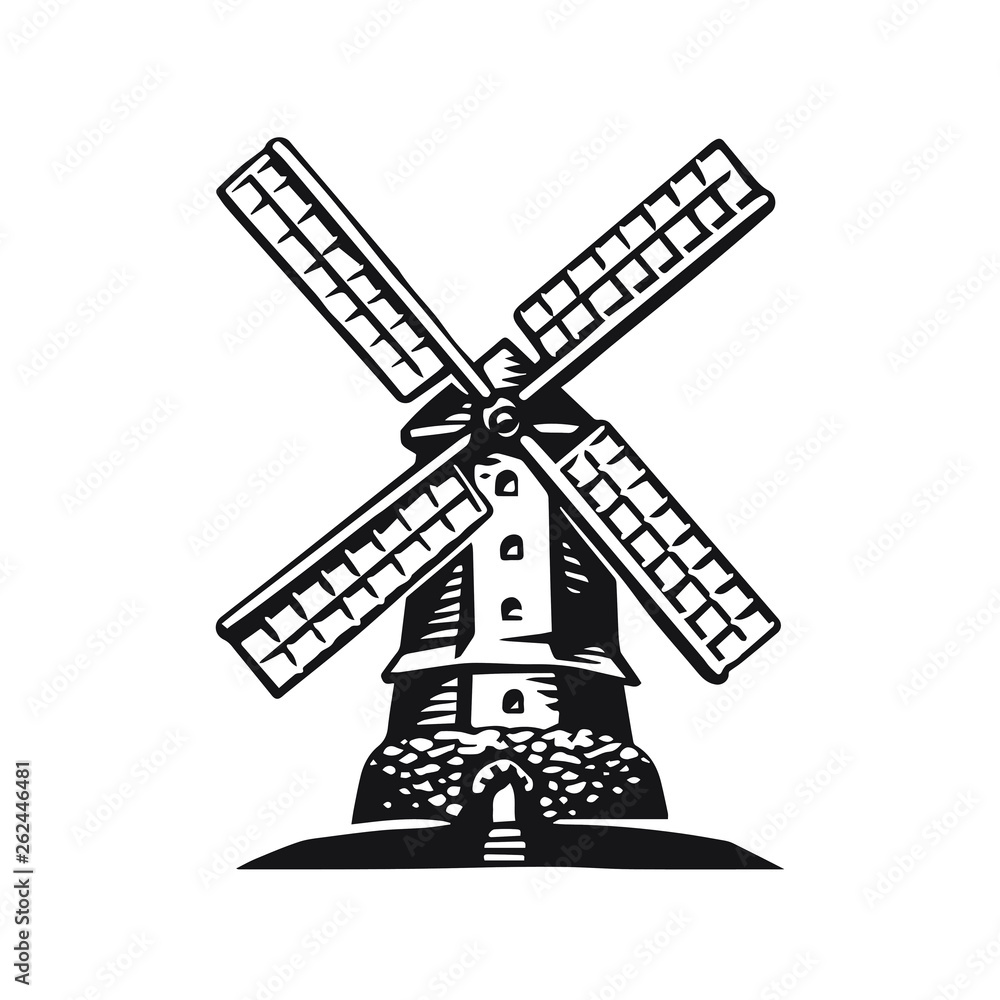 High detailed sign of an old Windmill. Hand drawn vector illustration. Retro style. Logo.