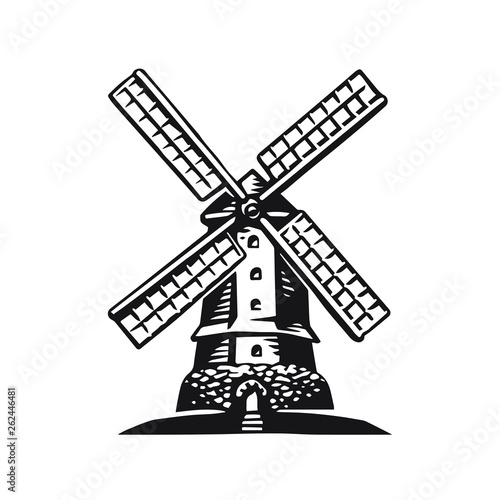 High detailed sign of an old Windmill. Hand drawn vector illustration. Retro style. Logo.