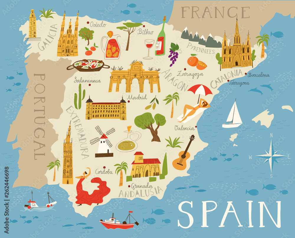Poster, Foto Vector high detailed vector map of Spain with cities and  symbols of Spain - Koop op EuroPosters.nl