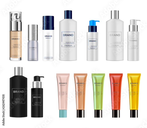 Set vector bottles of empty and clean multicolor plastic and glass containers:  bottles with spray, dispenser and dropper, cream jar, tube.  Realistic 3d mockup of cosmetic package. 
