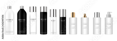 Blank tube cosmetic package set isolated on white background.  Tube for foam, hair spray, deodorant. Realistic mockup tools, mock up vector illustration.