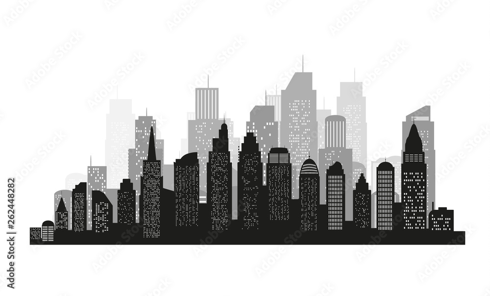 The silhouette of city with black color on white background in a flat style. Modern urban landscape. vector illustration.