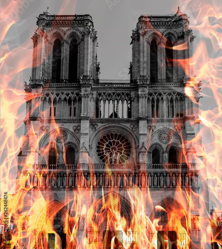 Notre Dame Cathedral burning by massive fire, representation. Notre-Dame de Paris in fire. Photo manipulated illustration