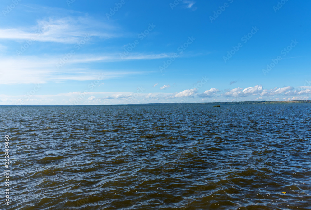 Summer view of Lake Pleshcheyevo, sunny summer day. Blue sky. Pereslavl-Zalessky, Yaroslavl region, Russia.
