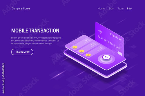 Mobile Transaction Isometric Concept. Payment for services using a mobile phone. Financial operations with a bank card. Editable vector illustration.