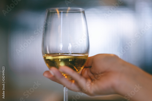 Closeup image of a woman's hand holding a wine glass with blurred background