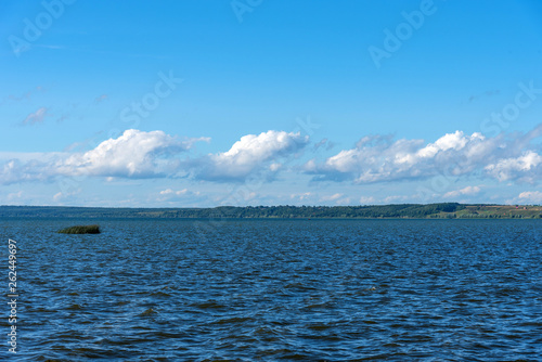 Summer view of Lake Pleshcheyevo, sunny summer day. Blue sky. Pereslavl-Zalessky, Yaroslavl region, Russia.