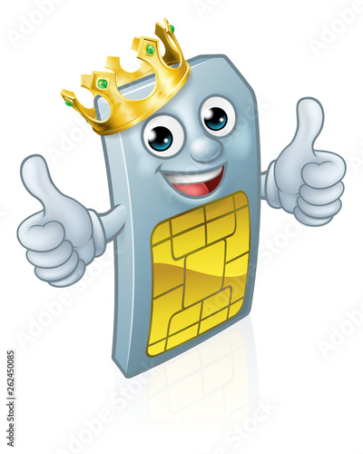 A mobile phone sim card cartoon character mascot wearing a gold king crown and giving a double thumbs up.
