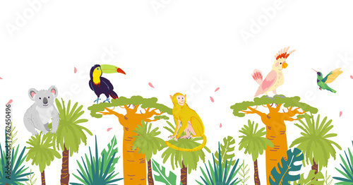 Vector flat tropical seamless pattern with hand drawn jungle trees and elements, koala, monkey animals, parrot, toucan birds isolated. For packaging paper, cards, wallpapers, gift tags, nursery decor.