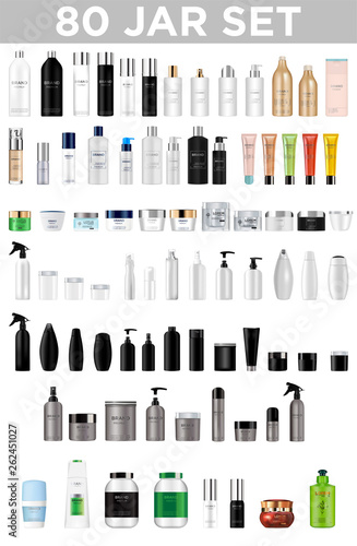  Set vector blank templates of empty and clean multicolor plastic and glass containers:  bottles with spray, dispenser and dropper, cream jar, tube.  Realistic 3d mockup of cosmetic package. Vector il