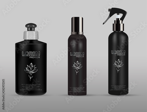 Realistic cosmetic mockup.  Packages for cosmetic product.  Blank templates of containers with spray, bottle for shower gel, lotion, shampoo with  pump dispenser, jar, tube.