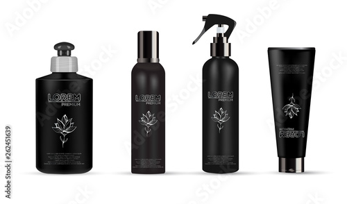 Set of realistic black package luxury cosmetic product:  tube cream, bottle with pump dispenser or spray, oil, shampoo,  gel shower and liquid soap. Vector mockup of isolated on white.
