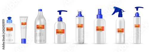 Realistic glossy white spray, pump, tube cosmetic bottle set for shampoo, gel, lotion, soap, deadorant.  Package design cosmetic  products. Vector illustration.  Isolated on white background. EPS 10