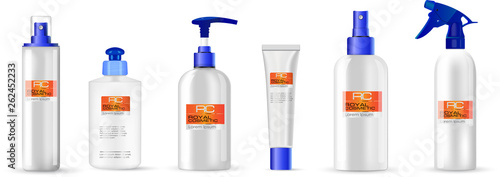 Realistic glossy white spray, pump, tube cosmetic bottle set for shampoo, gel, lotion, soap, deadorant.  Package design cosmetic  products.  Isolated on white background. 
