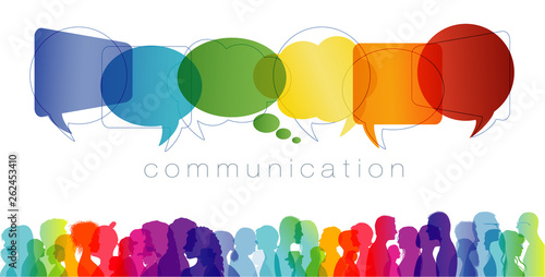 Large isolated group people in profile talking silhouette. Speech bubble. Concept to communicate. Crowd speaks. Social networking. Multi-ethnic people dialogue. Clouds rainbow colors. Talk