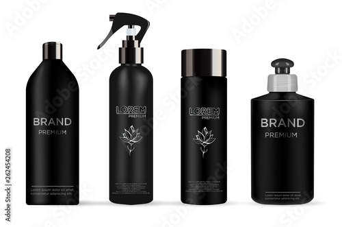 Set of realistic black package cosmetic product:  tube, bottle with pump dispenser or spray, shampoo,  gel shower and liquid soap. Vector mockup of isolated on white.