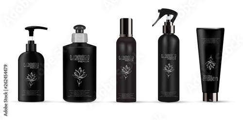 Set of realistic black package luxury cosmetic product: tube cream, bottle with pump dispenser or spray, oil, shampoo, gel shower and liquid soap. Vector illustration isolated on white.